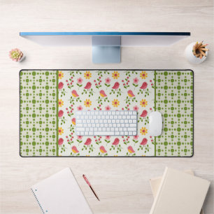 Retro Pink Spring Birds Panel Desk Mat