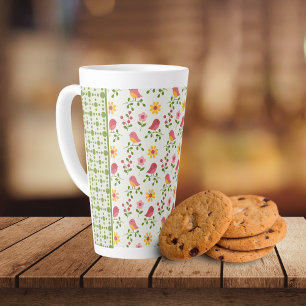 Retro Pink Spring Birds Panel  Latte Mug