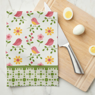 Retro Pink Spring Birds Panel Tea Towel