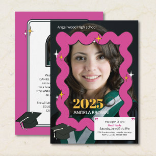 Retro Pink Squiggle Photo Graduation Invitation