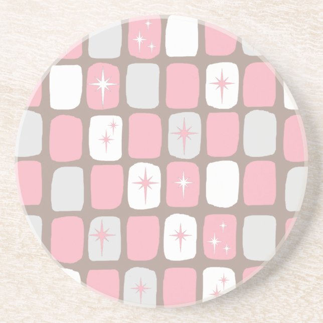 Retro Pink Starbursts Sandstone Drink Coaster (Front)