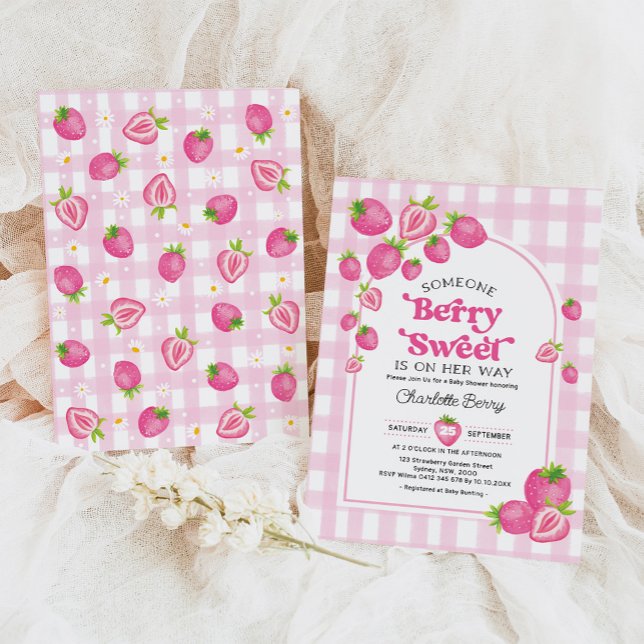 Retro Pink Strawberry Berry Sweet Baby Girl Shower Invitation (Creator Uploaded)