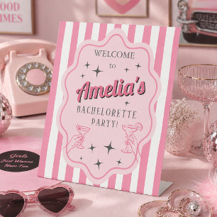 Retro Pink Striped Bachelorette Party Welcome Pedestal Sign