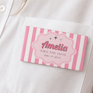 Retro Pink Striped Cosmetology  Name Tag