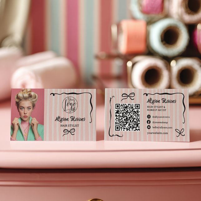 Retro Pink Striped Quirky Hair photo qr code Logo Business Card (Retro Pink Striped Quirky Hair photo qr code Logo Business Card)