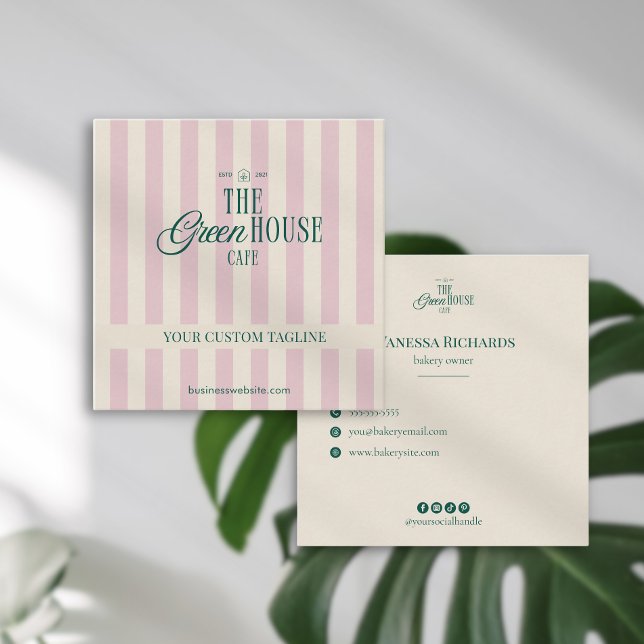 Retro Pink Stripes Green Business Logo Preppy  Square Business Card (Creator Uploaded)