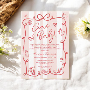 Retro Pink Stripes Italian-Themed Ciao Baby Shower Invitation