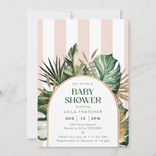 Retro pink stripes palm beach baby shower invitation (Front)