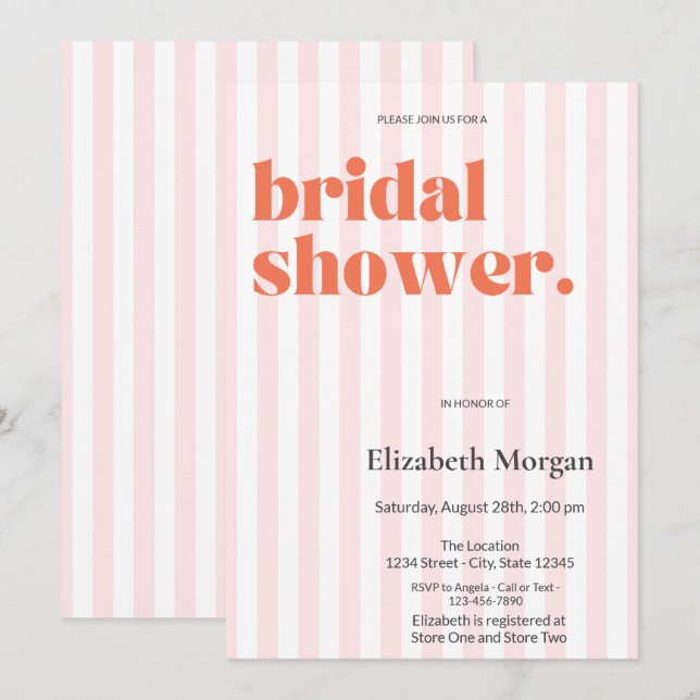 Retro Pink Stripes Simple Bridal Shower Invitation (Front/Back)