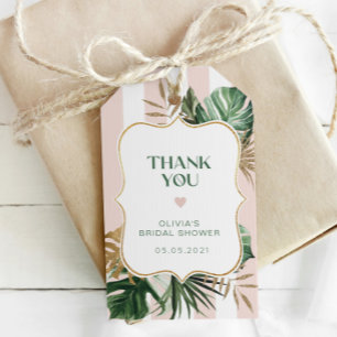 Retro pink stripes tropical bridal thank you gift tags