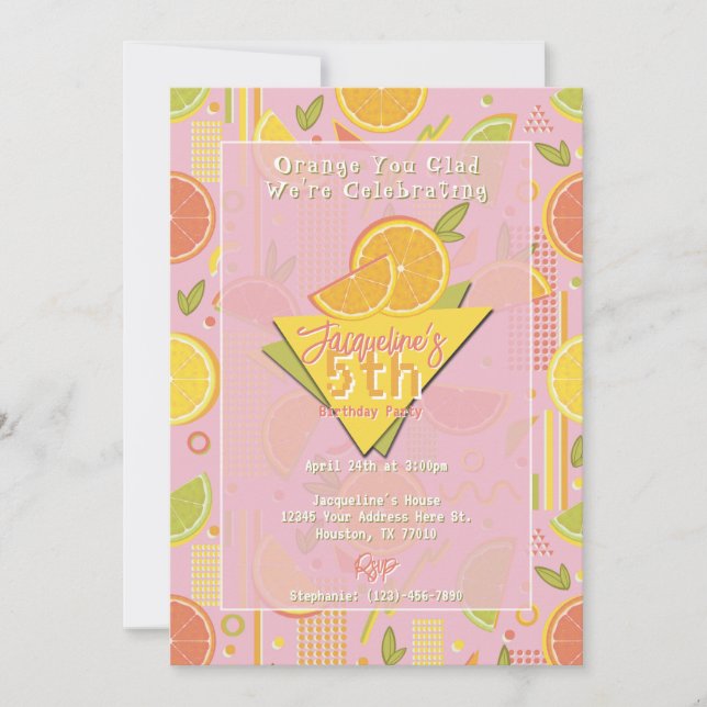 Retro Pink Summer Citrus Fruit Birthday Invitation (Front)