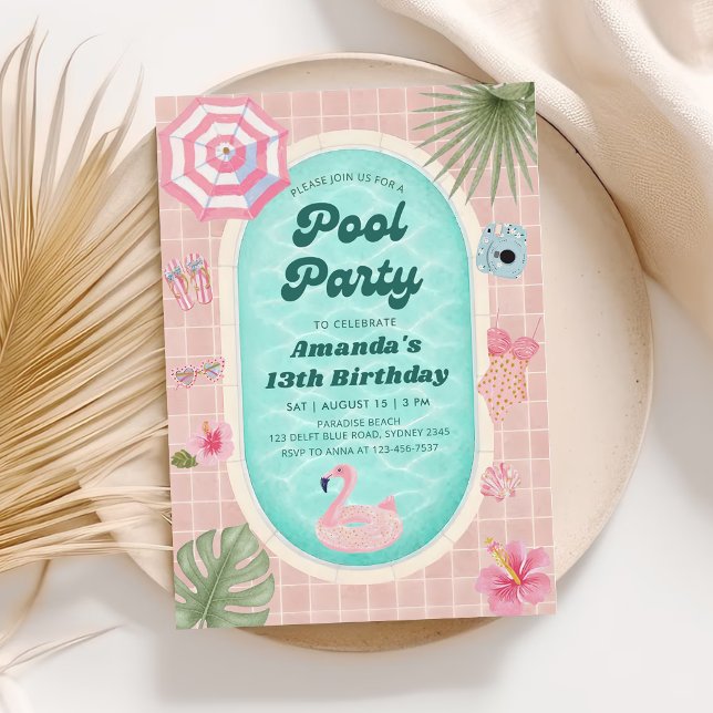Retro Pink Summer Pool Party Birthday Invitation (Creator Uploaded)