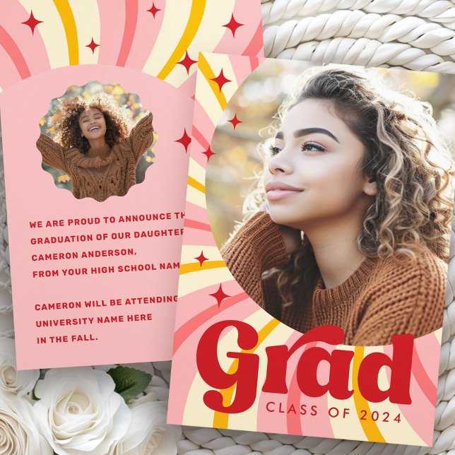 Retro pink sunburst graduation year photo graduate announcement (Retro pink sunburst graduation year photo graduate announcement)