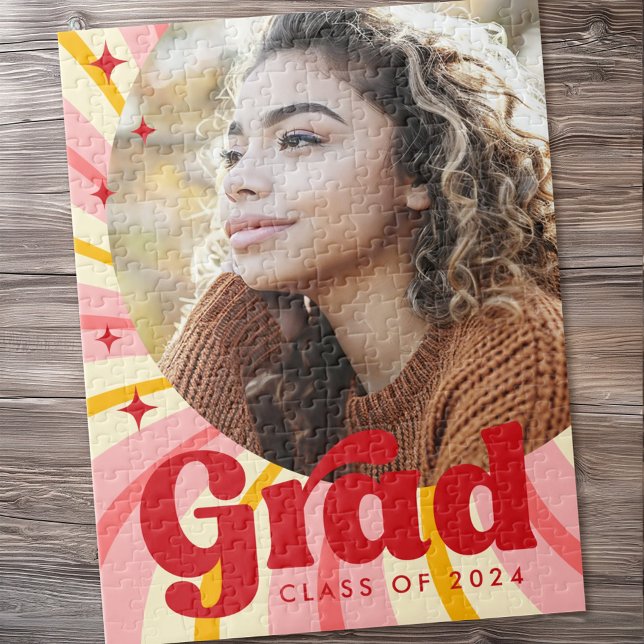 Retro pink sunburst graduation year photo graduate jigsaw puzzle (Retro pink sunburst graduation year photo graduate jigsaw puzzle)