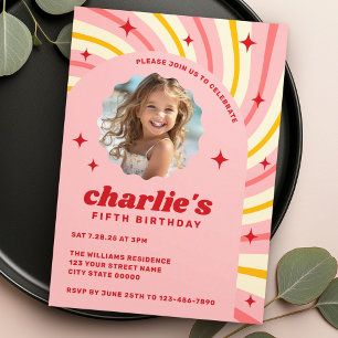 Retro pink sunburst red stars arch birthday party invitation