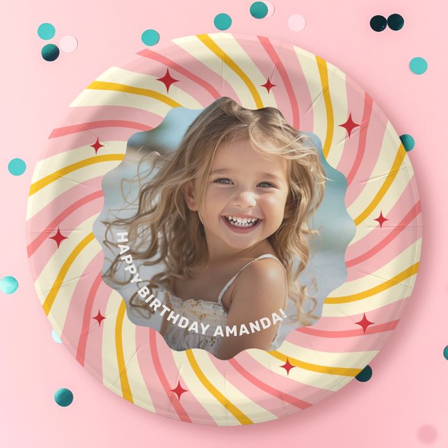 Retro pink sunburst red stars happy birthday party paper plate (Retro pink sunburst red stars happy birthday party paper plates)