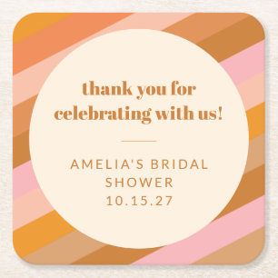 Retro Pink Sunset Stripes Custom Bridal Shower  Square Paper Coaster