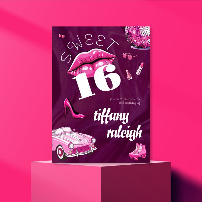 Retro Pink Sweet 16 Birthday Party Invitation (Creator Uploaded)