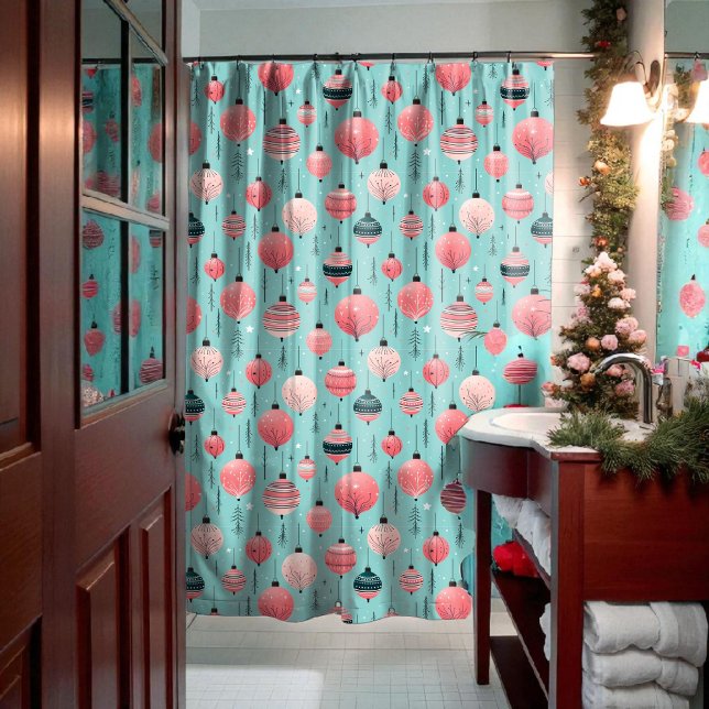 Retro Pink & Teal Christmas Shower Curtain (Creator Uploaded)