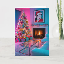 Retro Pink & Teal Christmas Tree Holiday Card