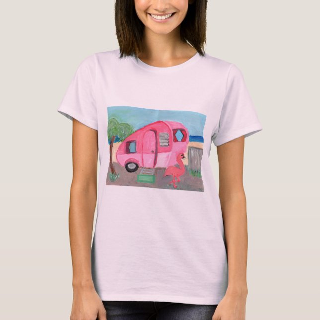 Retro Pink Teardrop Trailer Art T-Shirt (Front)