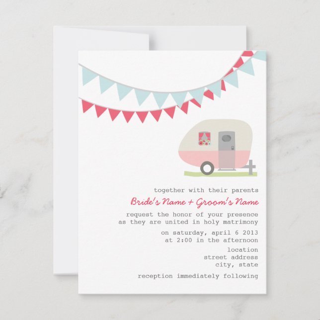 Retro Pink Trailer Wedding Invitation (Front)