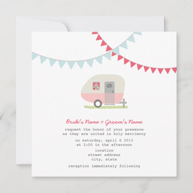 Retro Pink Trailer Wedding Invite (Front)