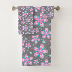 Retro Pink & Turquoise Abstract Flower Pattern Bath Towel Set