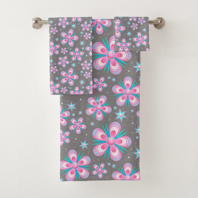 Retro Pink & Turquoise Abstract Flower Pattern Bath Towel Set (Insitu)