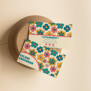 Retro Pink Turquoise Groovy Floral Boho Girly Business Card