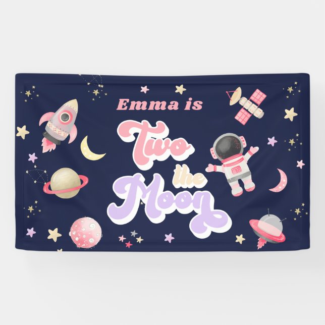 Retro Pink Two the Moon Space Birthday   Banner (Horizontal)