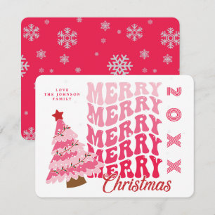 Retro Pink Typography Merry Christmas Tree Name  Holiday Card
