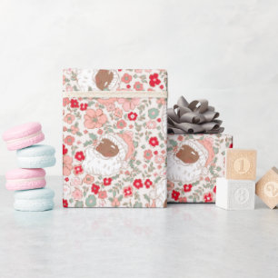 Retro Pink Vintage Santa Claus Christmas Floral Wrapping Paper