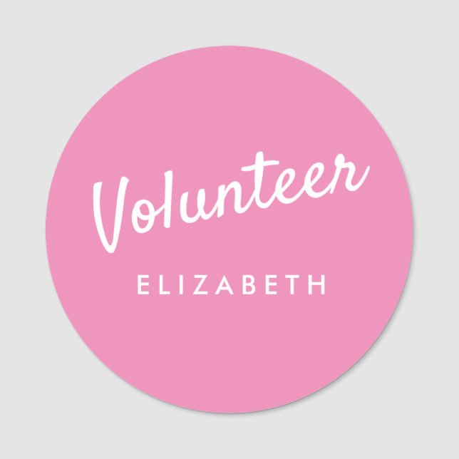 Retro Pink Volunteer Magnetic Name Tag (Front)