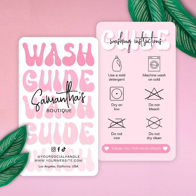 Retro Pink Washing Instructions Laundry Care Guide Business Card (Retro pink clothing washing instructions cards with icons, discover more icons in the design editor )