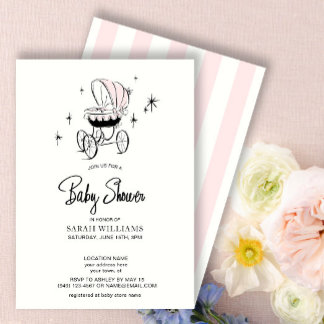 Retro Pink Watercolor Stroller Script Baby Shower Invitation