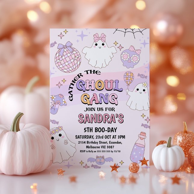 Retro Pink Wave Halloween Ghoul Gang Birthday Invitation (Halloween Ghoul Gang Birthday Invitation, Retro Purple Pink Ghoul Gang Halloween Birthday Invitation)