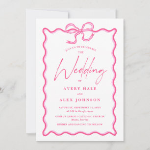 Retro Pink Wave Picture Frame Squiggly Wedding Invitation