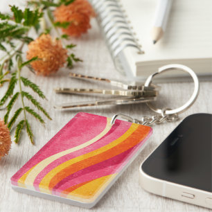 Retro Pink Waves – Vintage Wavy Background Key Ring