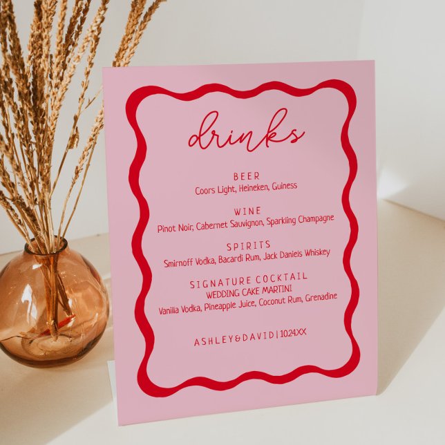 Retro Pink Wavy Border Drinks Menu Pedestal Sign (Creator Uploaded)