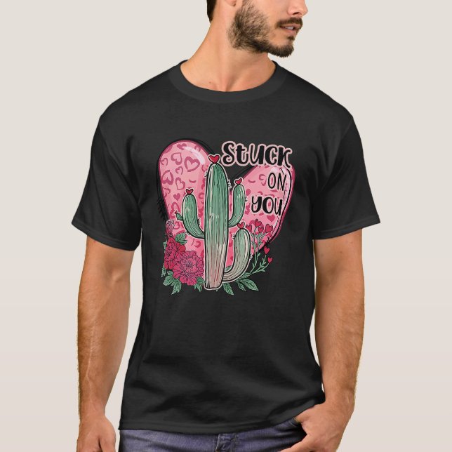 Retro Pink Western Desert Valentine's Day Cactus H T-Shirt (Front)