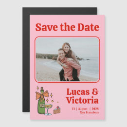 Retro Pink Whimsical Photo Wedding Save the Date Magnetic Invitation