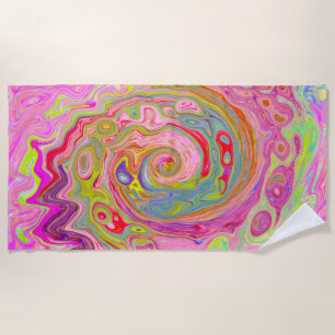 Retro Pink, Yellow and Magenta Abstract Groovy Art Beach Towel