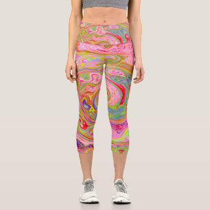 Retro Pink, Yellow and Magenta Abstract Groovy Art Capri Leggings