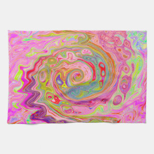 Retro Pink, Yellow and Magenta Abstract Groovy Art Tea Towel