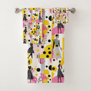 Retro Pink Yellow Black Ladies Bath Towel Set