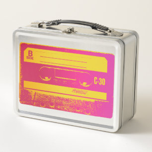 Retro Pink & Yellow Cassette Tape Metal Lunch Box