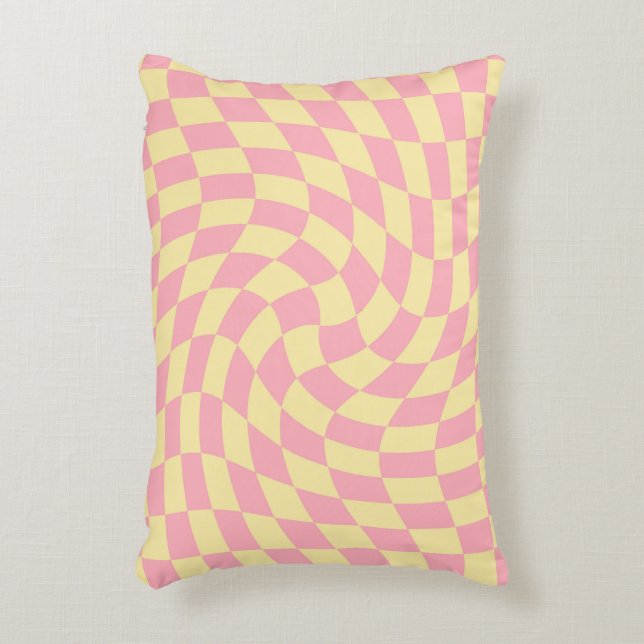 Retro Pink Yellow Dorm Warped Check Chequered  Decorative Cushion (Front(Vertical))