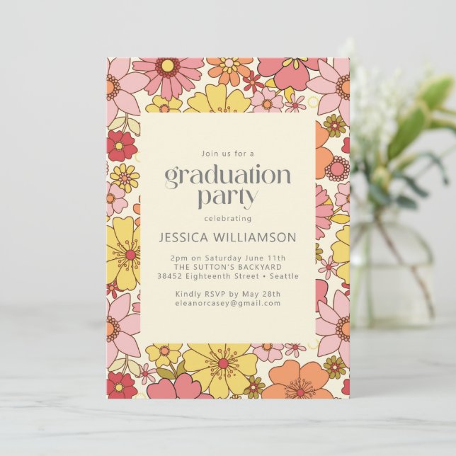 Retro Pink Yellow Floral Groovy Graduation Party Invitation (Standing Front)