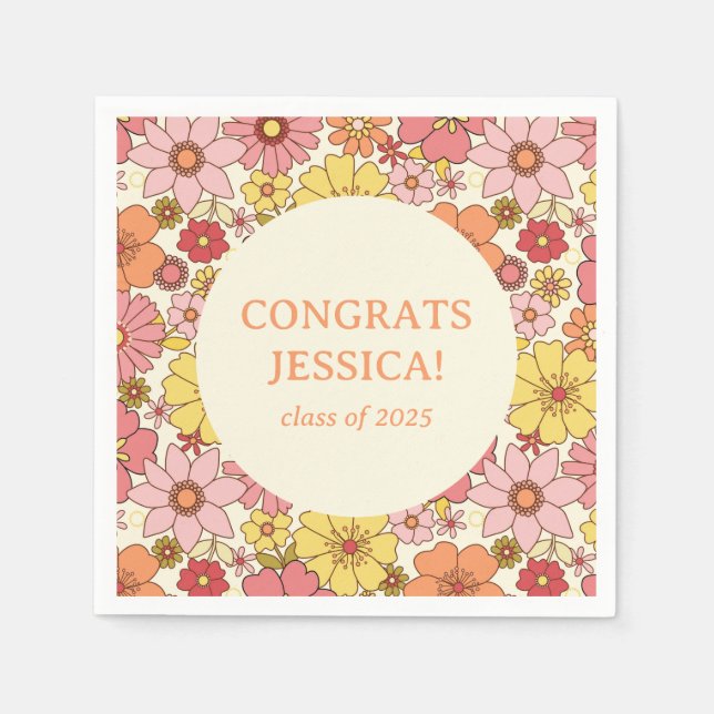 Retro Pink Yellow Floral Groovy Graduation Party Napkin (Front)